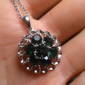 Green Crystal Floral Platinum over Brass Pendant Stainless Steel Necklace